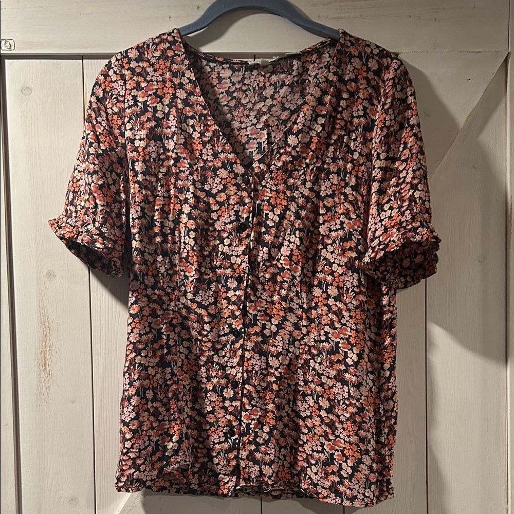 Fat Face Floral Button Down V-Neck 100% Viscose Blouse Size 4